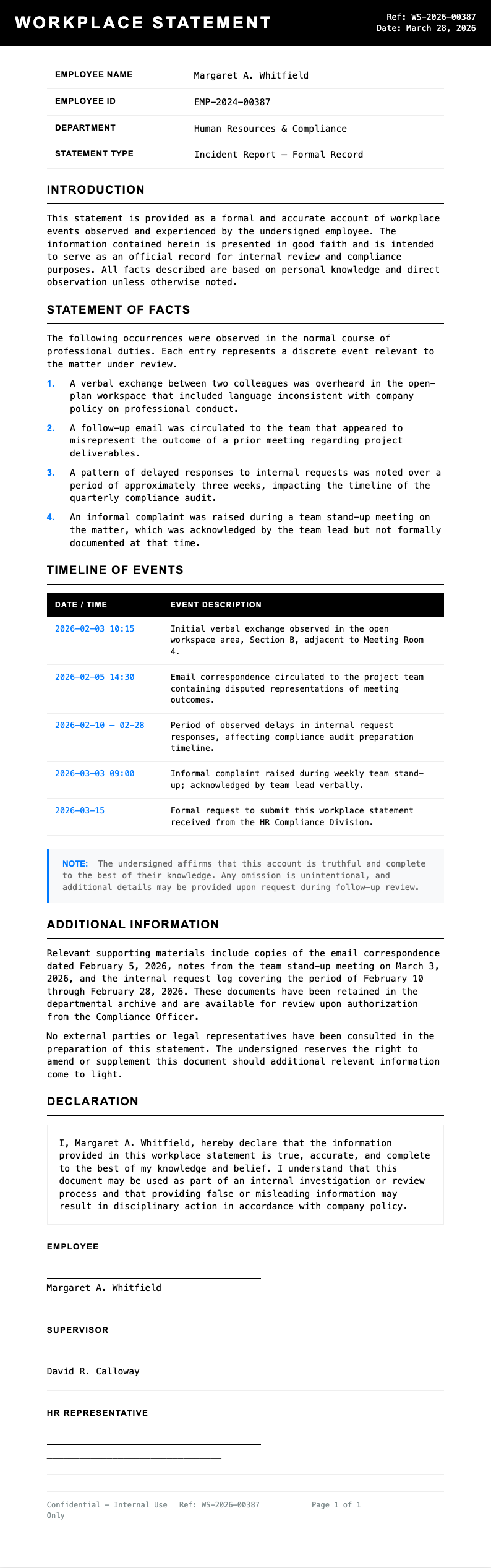 Clean invoice workplace statement
